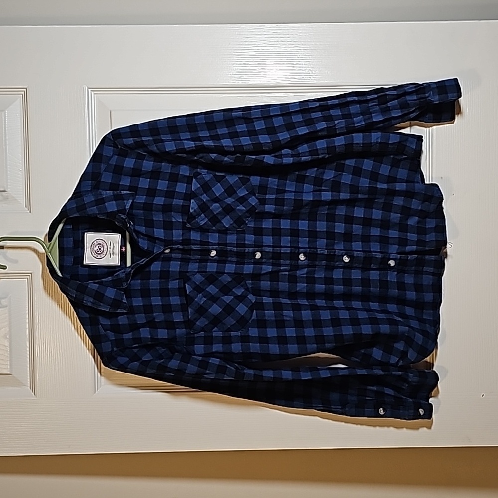 SO  Blue and Black Plaid Button Down Cotton Shirt Size L